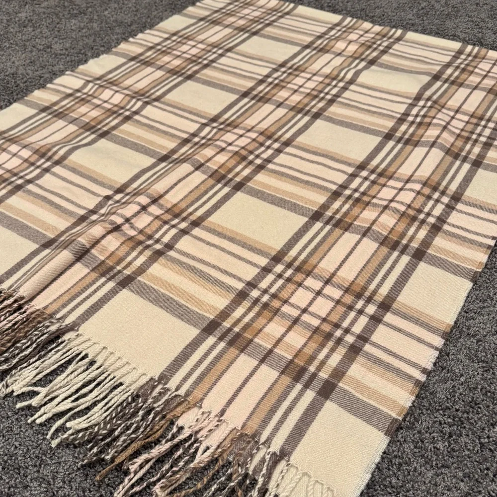 Banana Republic Plaid Fringe Scarf Shawl Wrap Beige Tan 33x80 NWOT